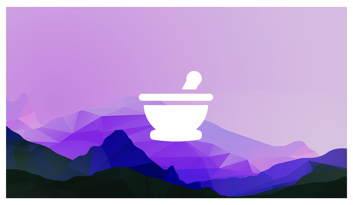 Graphic image with mortar and pestle in front of landscape