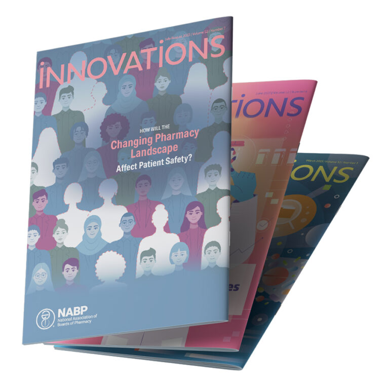 Image showing multiple past Innovations edition covers, which features articles about the practice of pharmacy, regulatory issue, and programs and services.