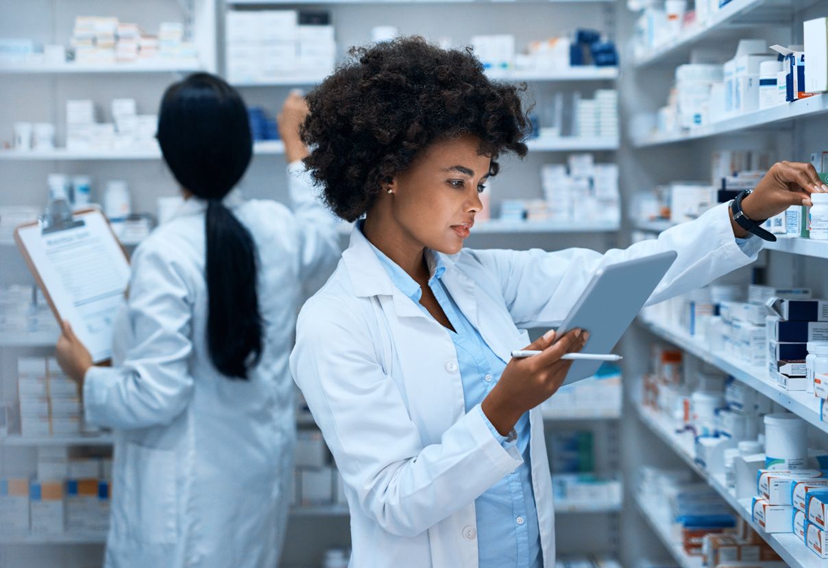 Pharmacist inspecting pharmacy