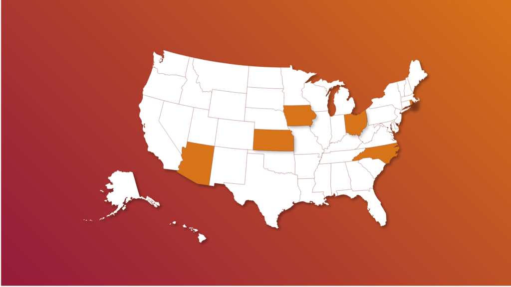 A map of the United States highlighting the UMPJE early adopter states.